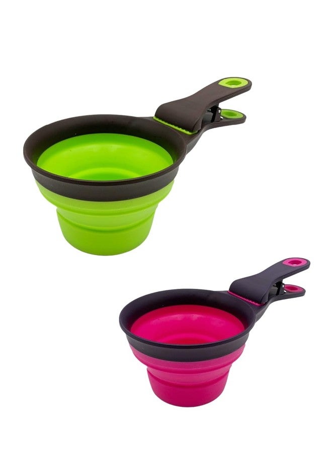 luvilly 2 PCS Collapsible Pet Scoop Set,1 Cup & 1/2 Cup Capacity Silicone Measuring Cups with Sealing Clip,Multi-Function Scoop Bowls Bag Clip for Dog Cat Food Water.(Green,Pink) - Image 1